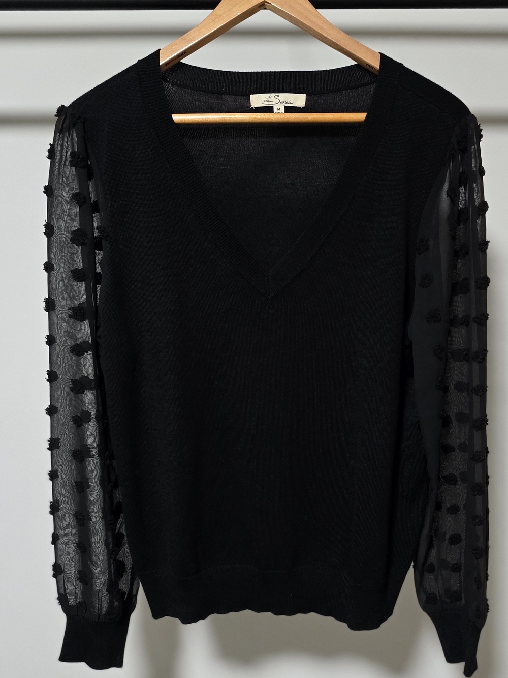 Les Serein Black V-Neck Sweater with Sheer Pom-Pom Sleeves